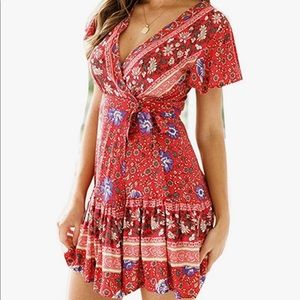 Red floral boho wrap dress Small